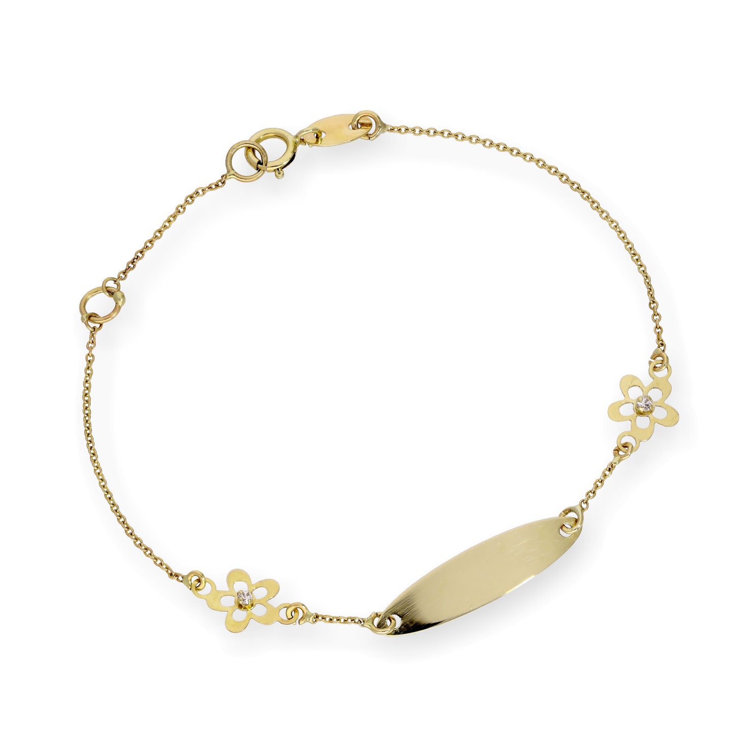 9ct Gold Children's Oval ID Plate Bracelet with CZ Flowers