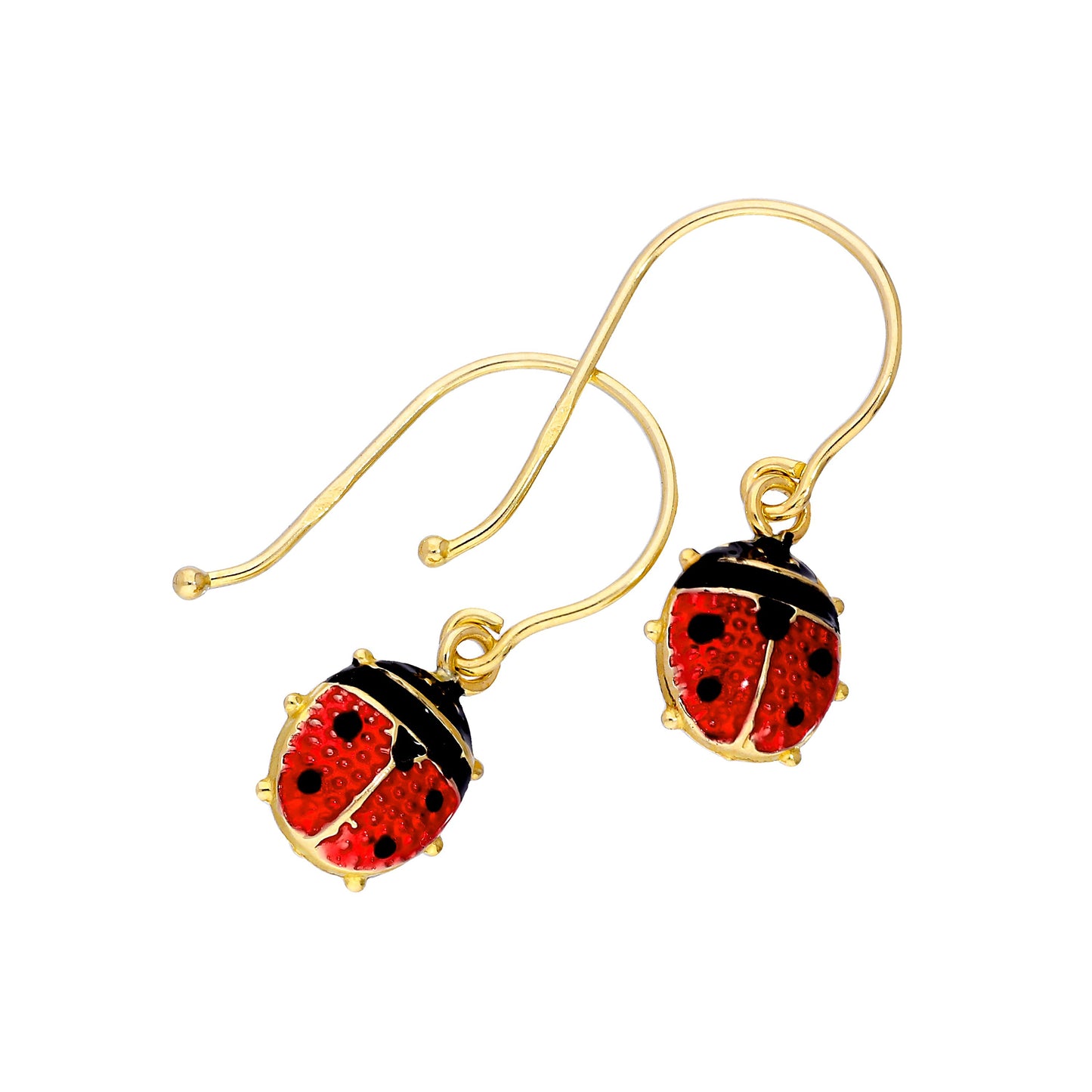 9ct Gold & Enamel Ladybird Dangle Drop Earrings