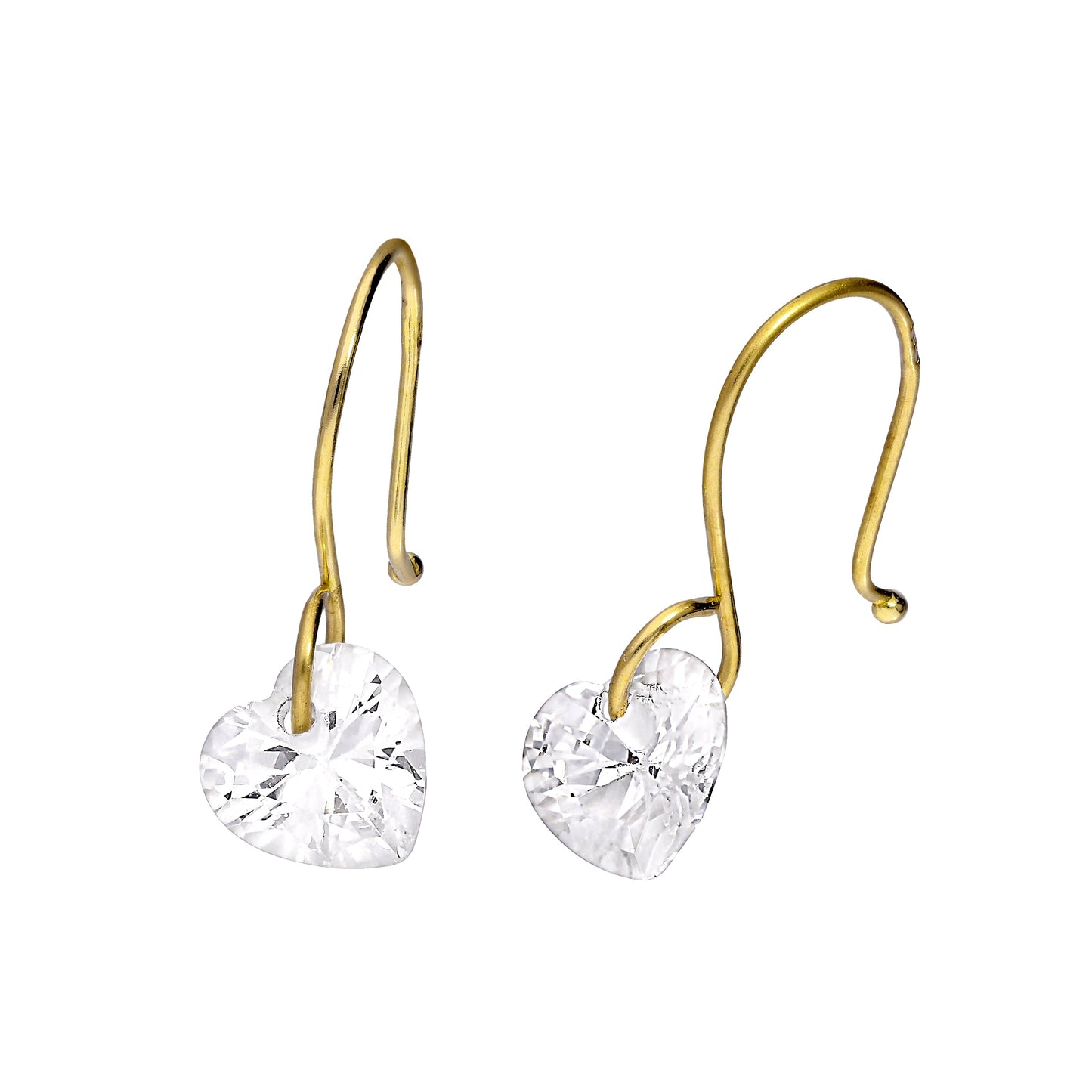 9ct Gold & Clear CZ Crystal Heart Dangle Drop Earrings