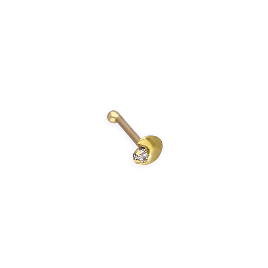 9ct Gold & Clear CZ Crystal 22Ga Moon & Star Nose Stud