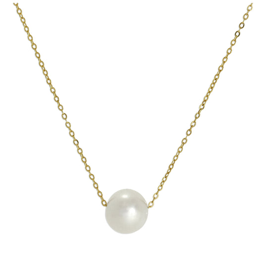 9ct Gold & 6mm Pearl Fine 1mm Curb Necklace 16 Inches