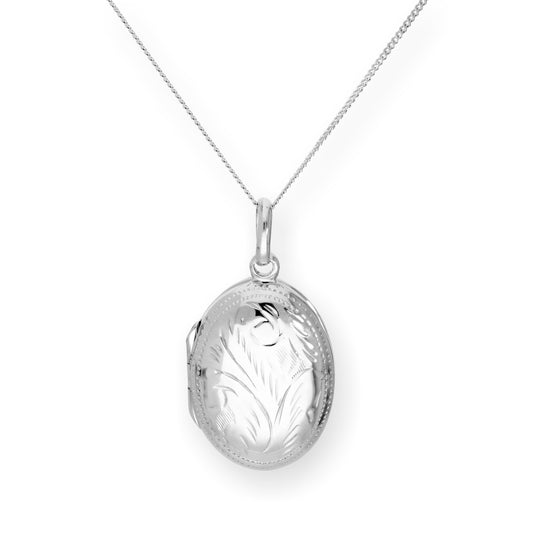 Sterling Silver Oval Engraved Locket on Chain 16 - 22 Inches