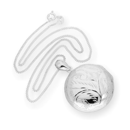 Large Sterling Silver Engraved Round Locket on Chain 16 - 24 Inches