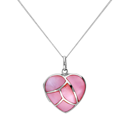 Sterling Silver & Dyed Pink Mother of Pearl Engravable Heart Locket 16-22 Inches