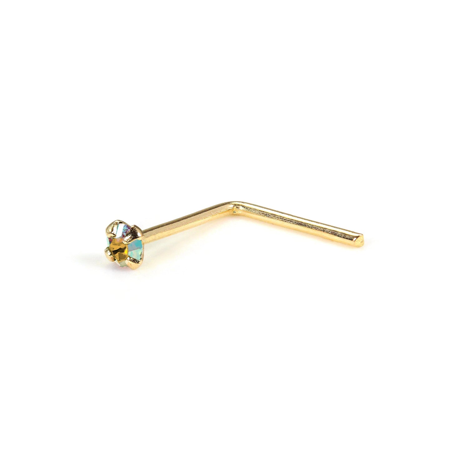 9ct Yellow Gold L-Shaped 1.5mm Round CZ Crystal Nose Stud Pin