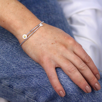 Sterling Silver Daisy & Bee 62mm Adult Bangle