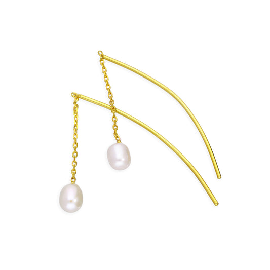 Gold Plated Sterling Silver & Pearl Arc Pull Through Earrings