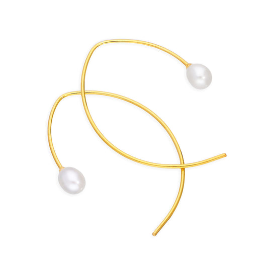 Gold Plated Sterling Silver & Pearl Curve Pull Through Earrings