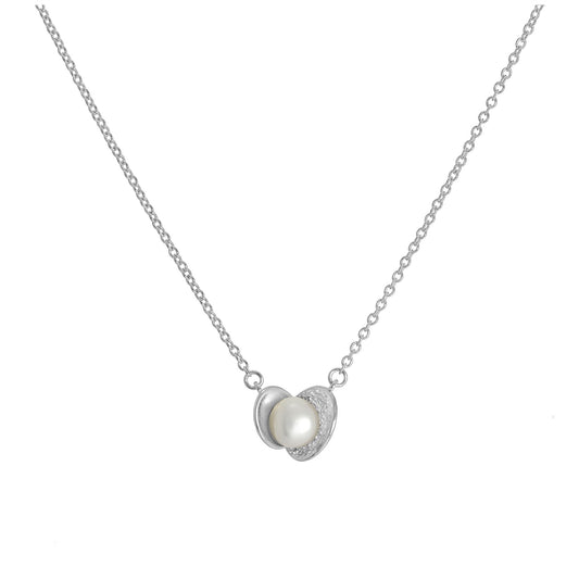 Sterling Silver Cultured Pearl Clam Necklace on 17 Inch Chain