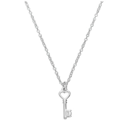 Sterling Silver & Genuine Diamond 18 Inch Heart Key Necklace