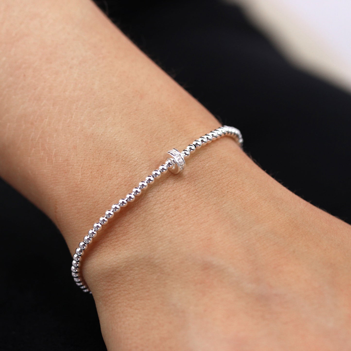 Sterling Silver & Clear CZ Crystal 6.5 Inch Bead Bracelet