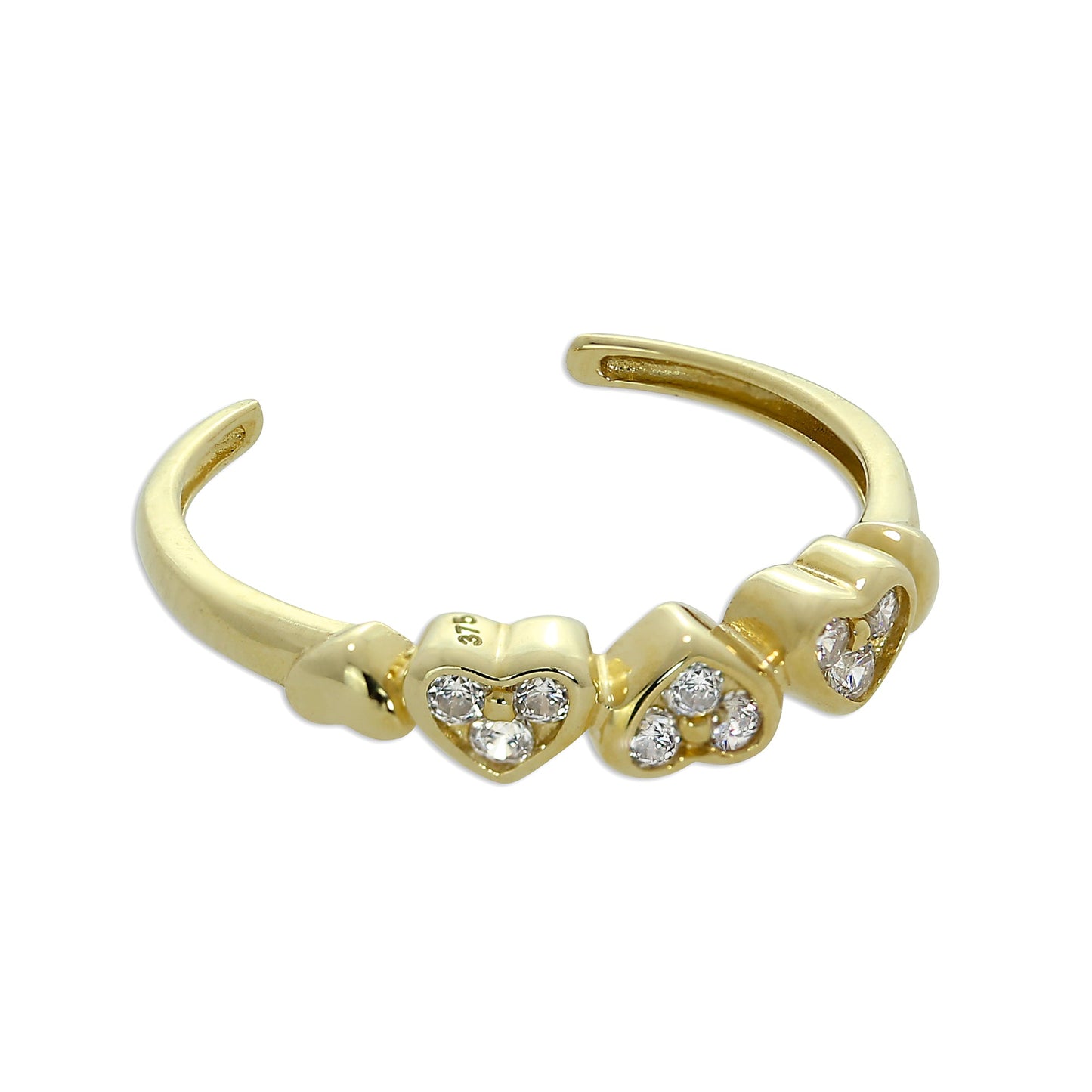 9ct Gold & Clear CZ Crystal Hearts Toe Ring