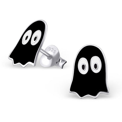 Cute Retro Sterling Silver & Black Enamel Gaming Ghost Stud Earrings