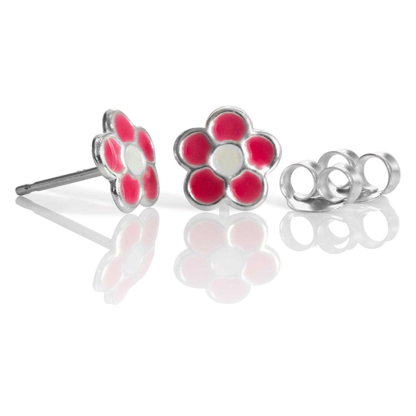 Sterling Silver & Pink Enamel Flower Stud Earrings