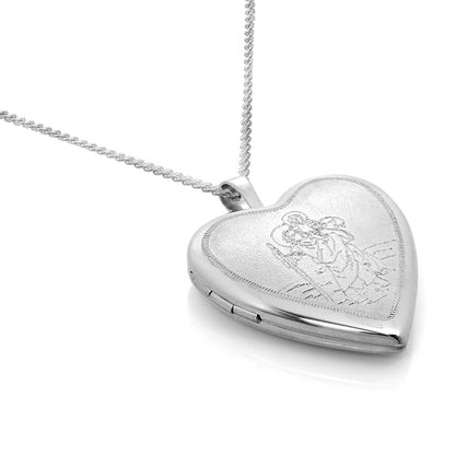 Sterling Silver Engraved St Christopher in Love Heart Locket on Chain