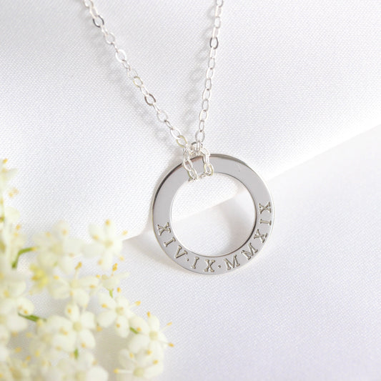 Personalised Sterling Silver Roman Numeral Circle Necklace