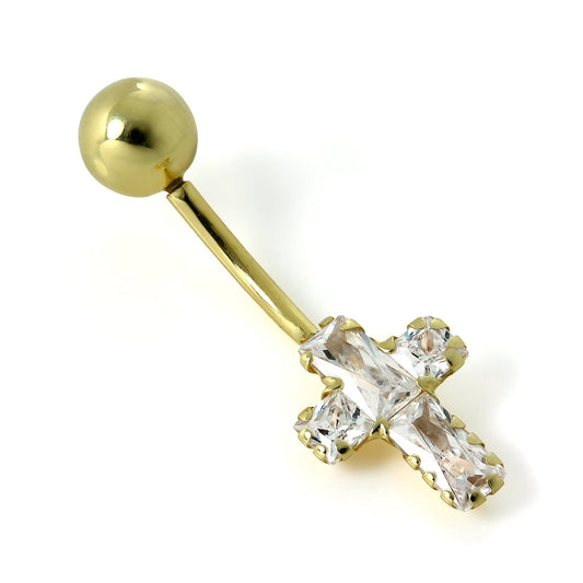 9ct Gold Clear CZ Crystal Cross Belly Bar