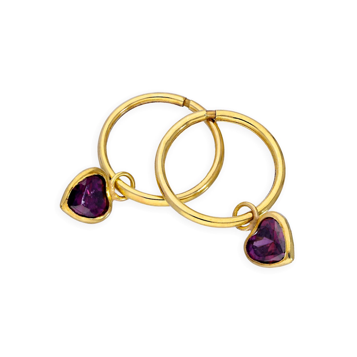 9ct Gold & Purple CZ Crystal Heart Hoop Earrings