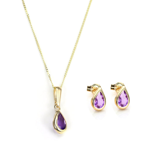 9ct Gold & February Birthstone Pendant & Stud Earrings Set