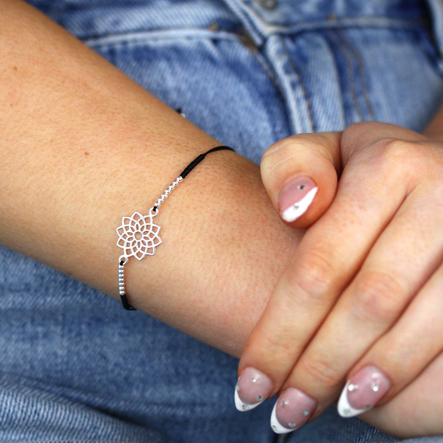 Sterling Silver & Black Cord Crown Chakra Bracelet