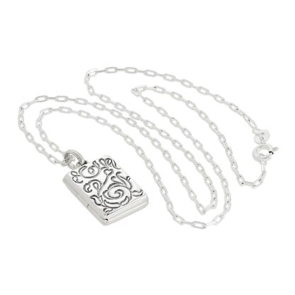 Sterling Silver Rectangular Locket with Floral Design on Chain 16 - 24 Inches