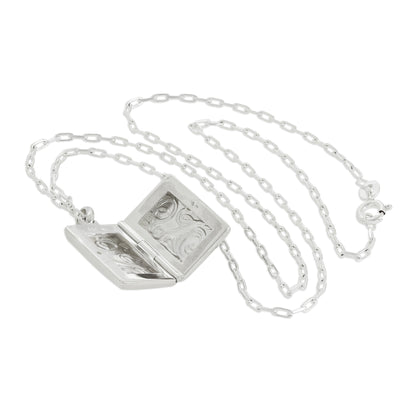 Sterling Silver Rectangular Locket with Floral Design on Chain 16 - 24 Inches