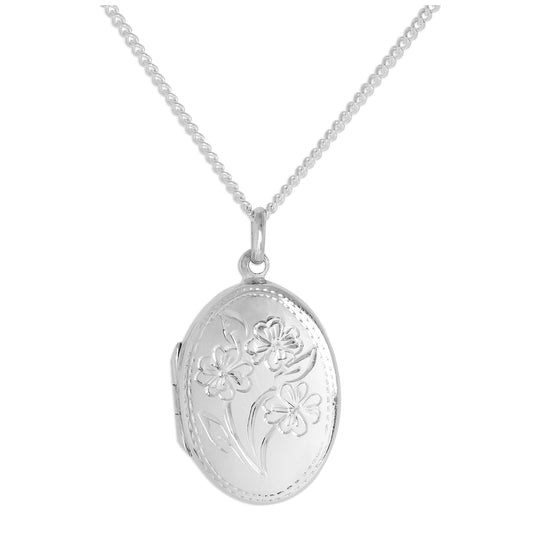 Sterling Silver Oval Flowers Locket on Chain 16 - 24 Inches