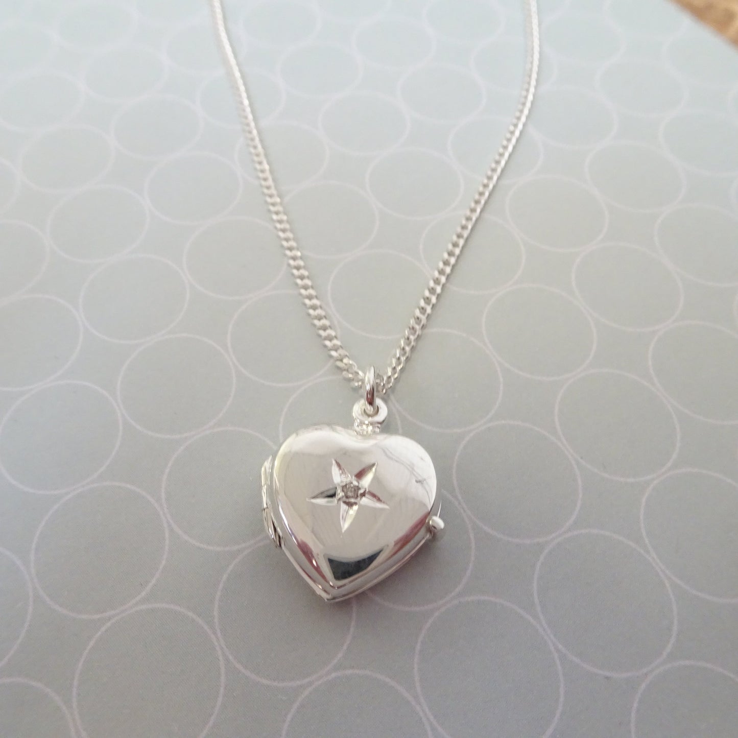 Small Sterling Silver Heart Locket with Diamond on Chain 16 - 24 Inches