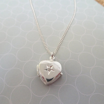 Small Sterling Silver Heart Locket with Diamond on Chain 16 - 24 Inches