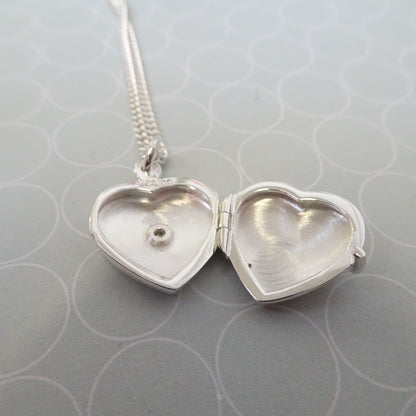 Small Sterling Silver Heart Locket with Diamond on Chain 16 - 24 Inches