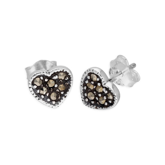 Sterling Silver & Marcasite Heart Stud Earrings