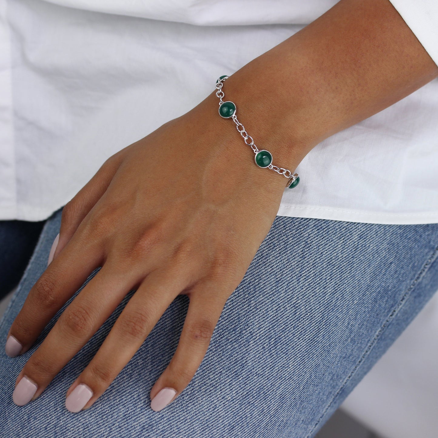 Sterling Silver Round Genuine Green Agate 7.5 - 9.5 Inch Bracelet