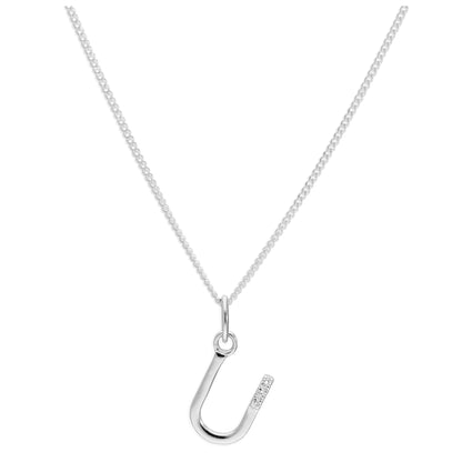 Sterling Silver 3 Stone Geniune Diamond 0.012ct Letter U Necklace Pendant 14 - 32 Inches