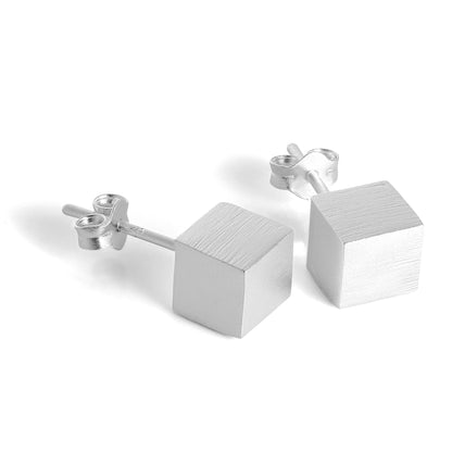 Brushed Sterling Silver Cube Stud Earrings 4mm - 7mm