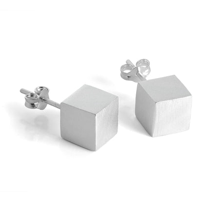 Brushed Sterling Silver Cube Stud Earrings 4mm - 7mm