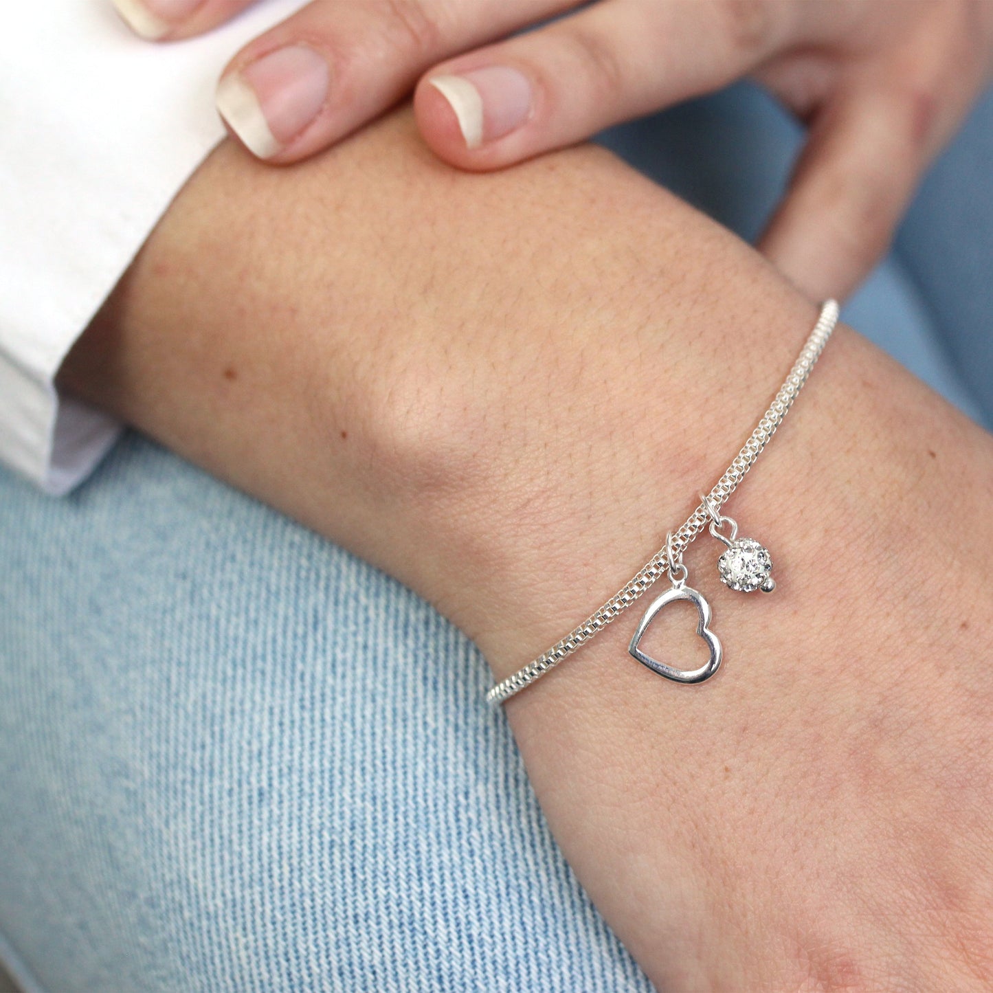 Sterling Silver Snake Bracelet with Open Heart & CZ Crystal Ball Charms