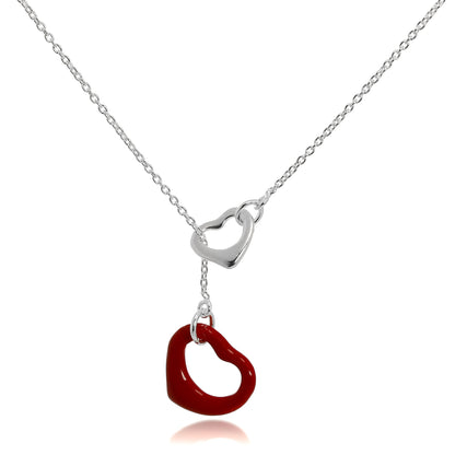 Sterling Silver Red Open Heart Lariat Chain Necklace