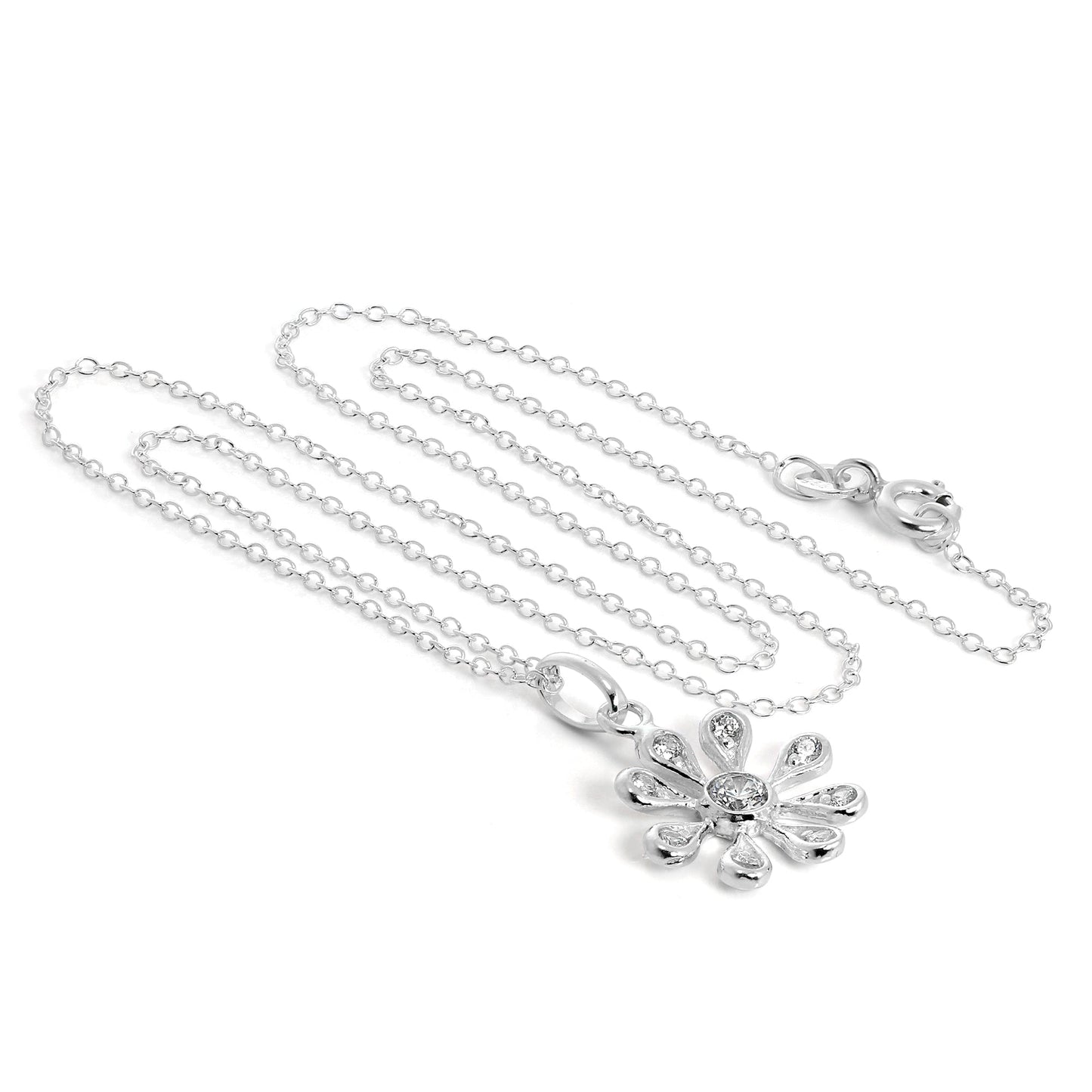 Sterling Silver & CZ Crystals Flower Pendant Necklace on 16 Inch Chain