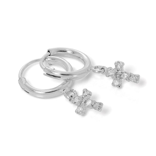 Sterling Silver Sleeper Hoop Earrings with CZ Crystal Encrusted Cross