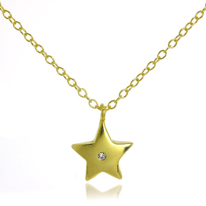 Gold Plated Sterling Silver & CZ Crystal Star Pendant Necklace on 18 Inch Chain