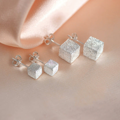 Frosted Sterling Silver Cube Stud Earrings 5mm - 7mm