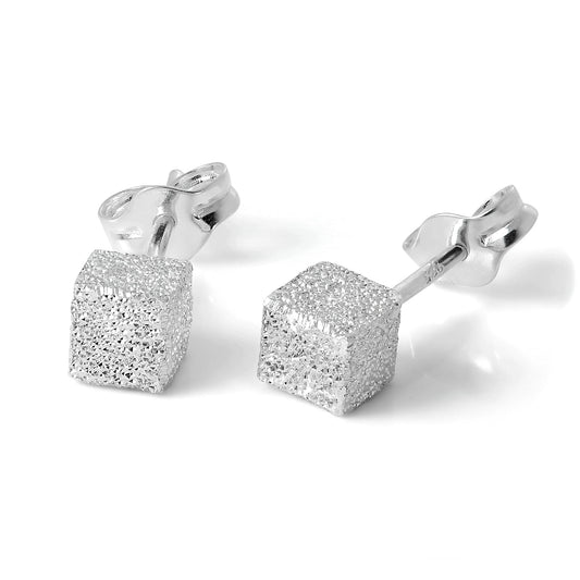 Frosted Sterling Silver 4mm Cube Stud Earrings