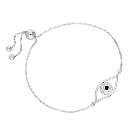 Sterling Silver & CZ Crystal Evil Eye 10 Inch Adjustable Bracelet