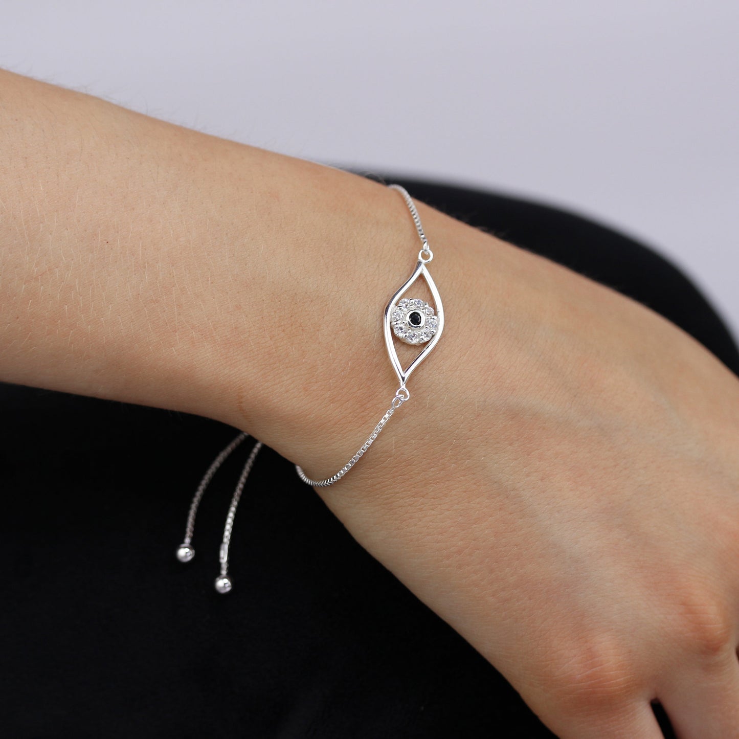 Sterling Silver & CZ Crystal Evil Eye 10 Inch Adjustable Bracelet