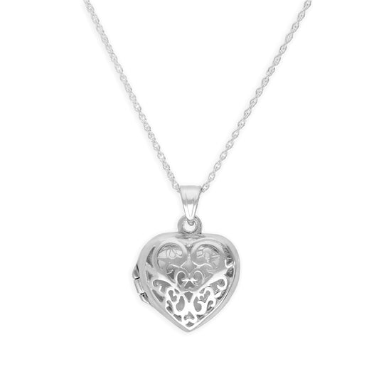 Sterling Silver Filigree Heart Locket on 18 Inch Chain