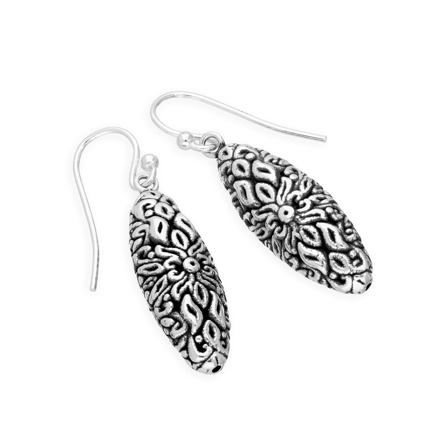 Large Sterling Silver Floral Fish Hook Earrings