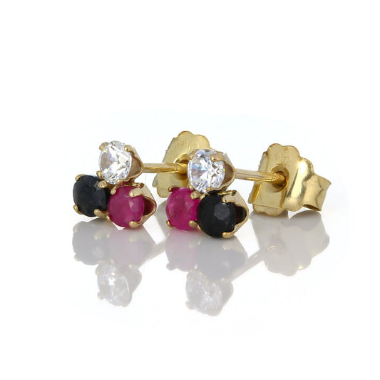 9ct Gold & 2.5mm Sapphire Ruby & Clear CZ Crystal Stud Earrings