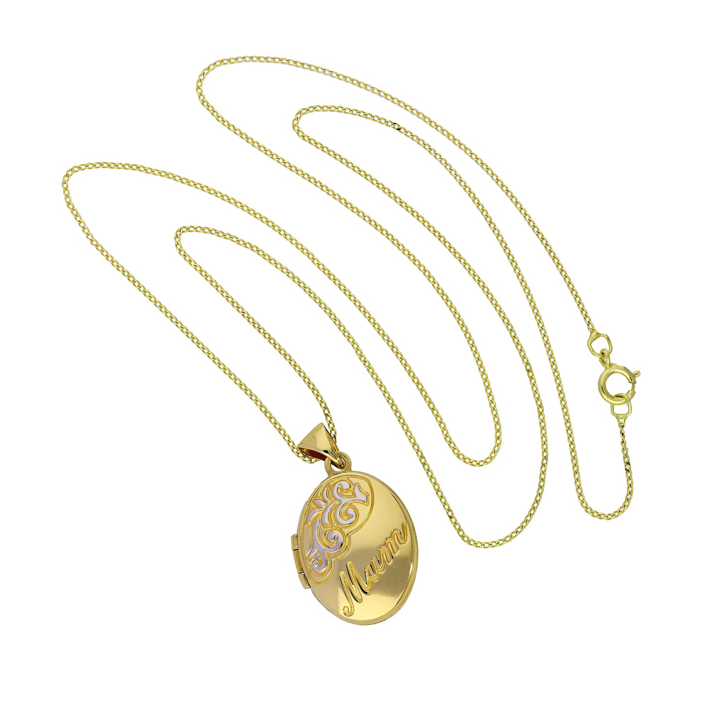 9ct Gold Oval Mum Locket with White Gold Design on Chain 16 - 18 Inches