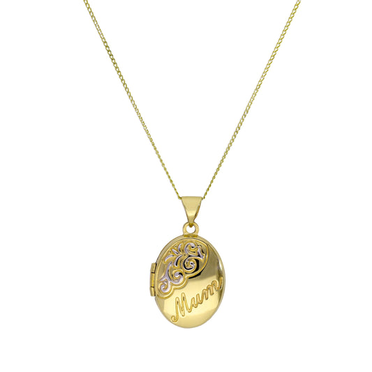 9ct Gold Oval Mum Locket with White Gold Design on Chain 16 - 18 Inches