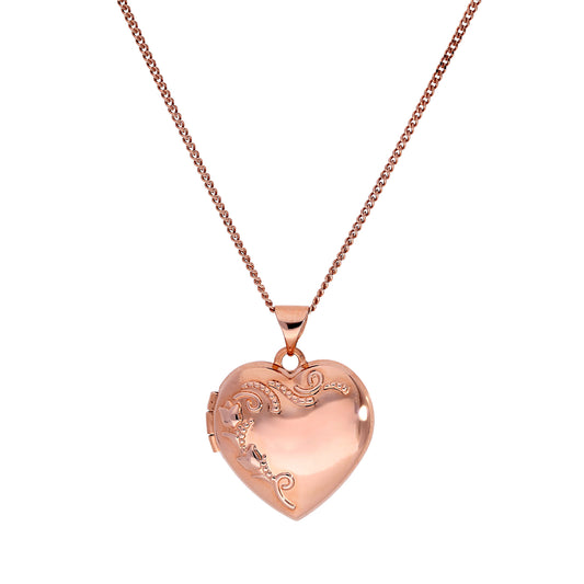 9ct Rose Gold Floral Heart Locket on Chain 16 - 20 Inches